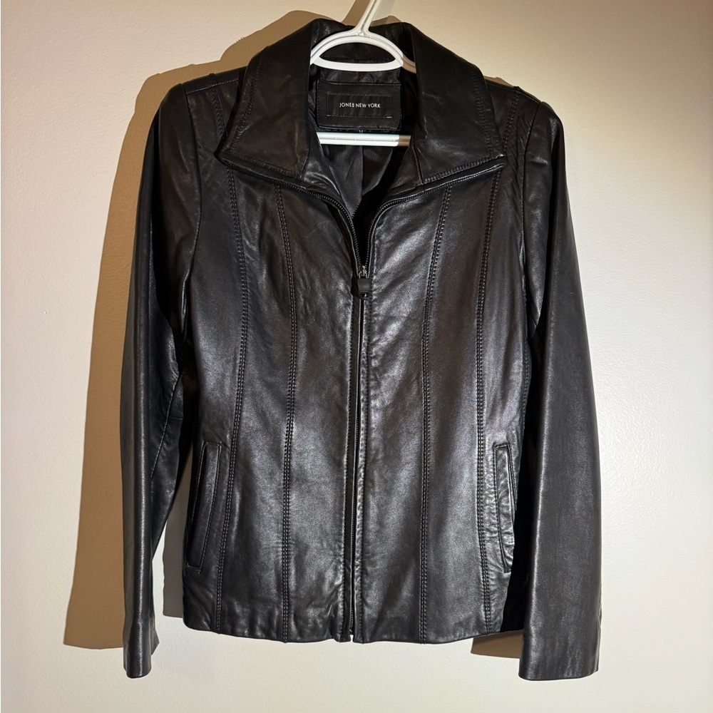 Jones New York Black Leather Zip-Front Jacket